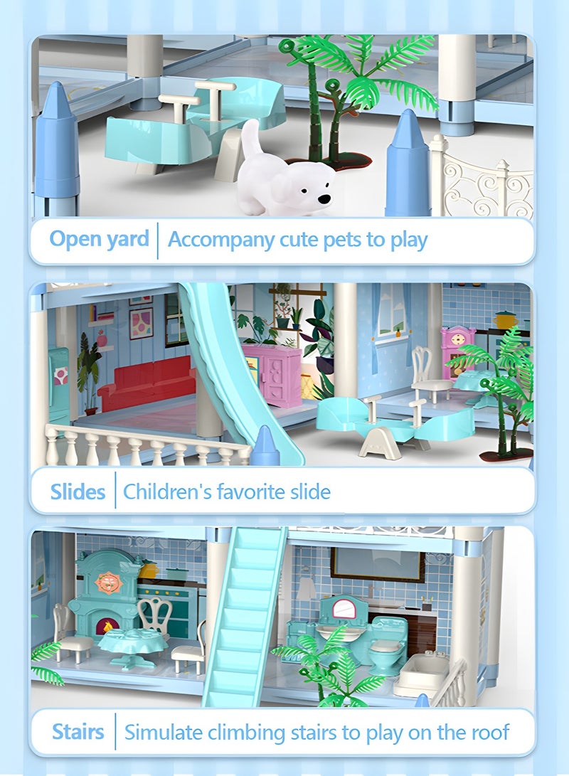 GROIC Dollhouse Dreamhouse Building Toys Figure Furniture, DIY House, Accessories, Pets,Movable Slides,Blue Play Dream House for Girls  - Image 4