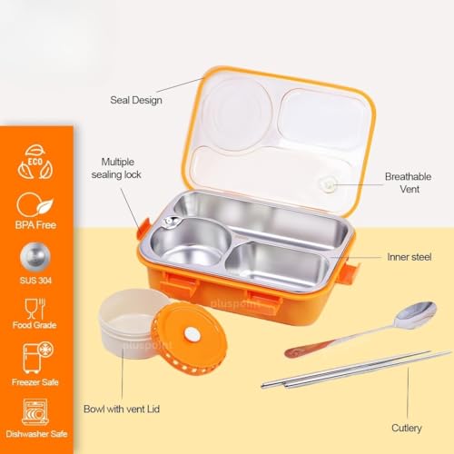 PLUSPOINT Bento Lunch Box Insulated Air Tight Portable Lunch Box with Utensils, Stainless Steel Lunch Box with Containers, Leak Proof Bento Box for Kids, Adults, Men Women (Orange) - 750 Ml - Image 3