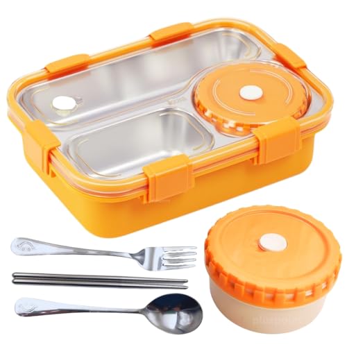 PLUSPOINT Bento Lunch Box Insulated Air Tight Portable Lunch Box with Utensils, Stainless Steel Lunch Box with Containers, Leak Proof Bento Box for Kids, Adults, Men Women (Orange) - 750 Ml - Image 1
