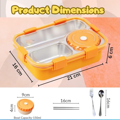 PLUSPOINT Bento Lunch Box Insulated Air Tight Portable Lunch Box with Utensils, Stainless Steel Lunch Box with Containers, Leak Proof Bento Box for Kids, Adults, Men Women (Orange) - 750 Ml - Image 5