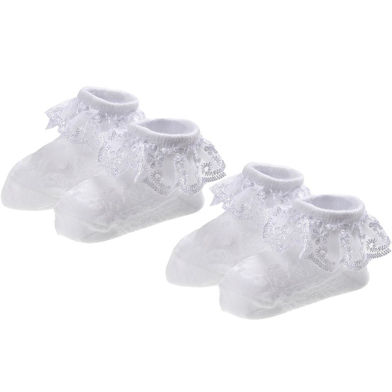 EPEIUS Baby-Girls Eyelet Frilly Lace Socks Cotton Rich Infant Girl Princess Ankle Socks (Pack of 2) 6-12 Months White - Image 1