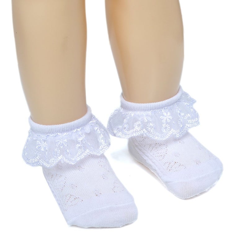 EPEIUS Baby-Girls Eyelet Frilly Lace Socks Cotton Rich Infant Girl Princess Ankle Socks (Pack of 2) 6-12 Months White - Image 3