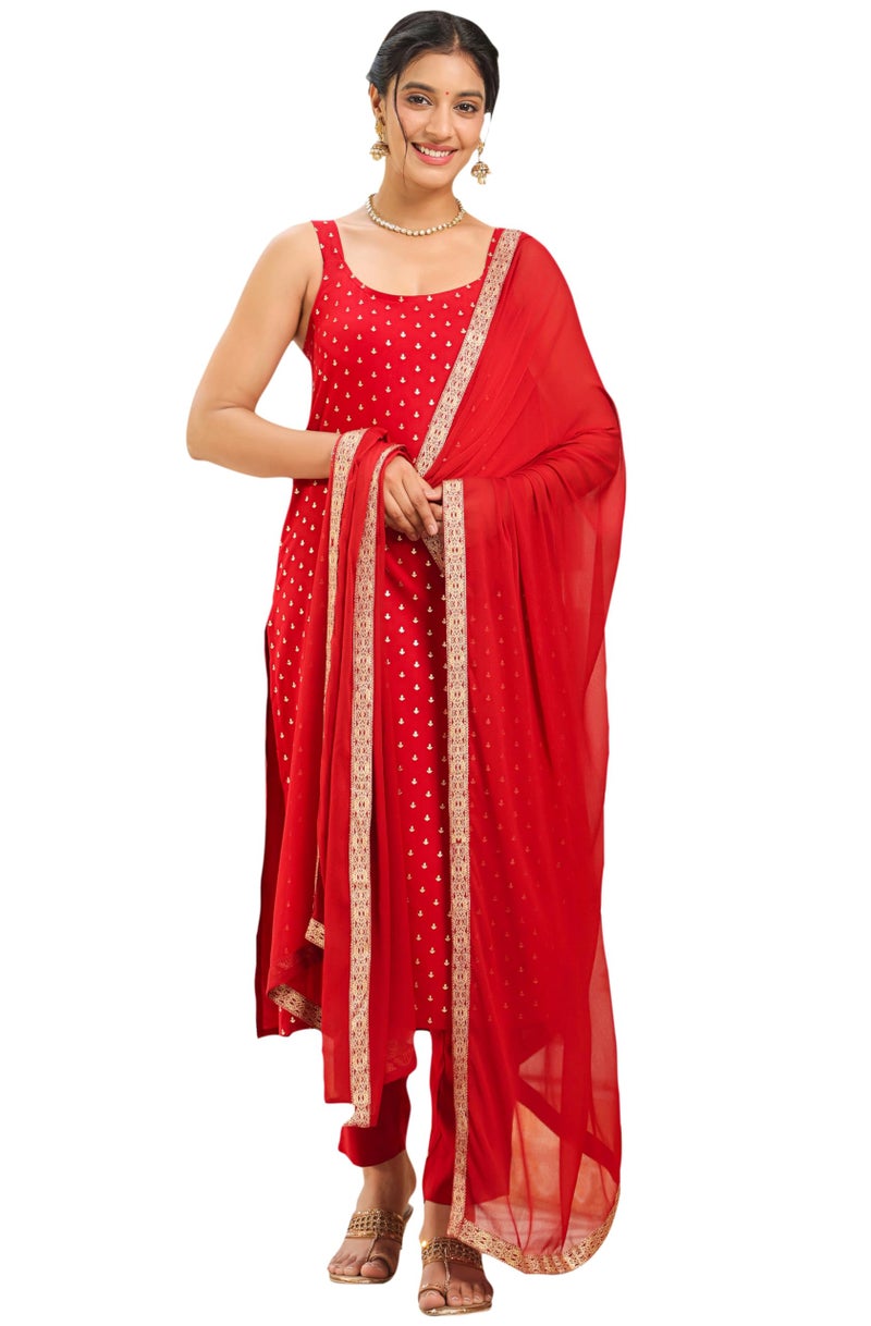 Janasya Maroon Foil Print Kurta with Pant & Dupatta for Women Rayon Fabric Latest Fashion - Image 1