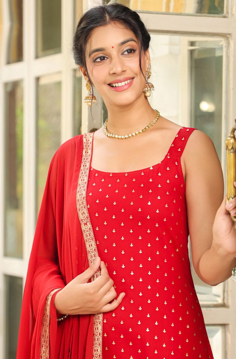 Janasya Maroon Foil Print Kurta with Pant & Dupatta for Women Rayon Fabric Latest Fashion - Image 2