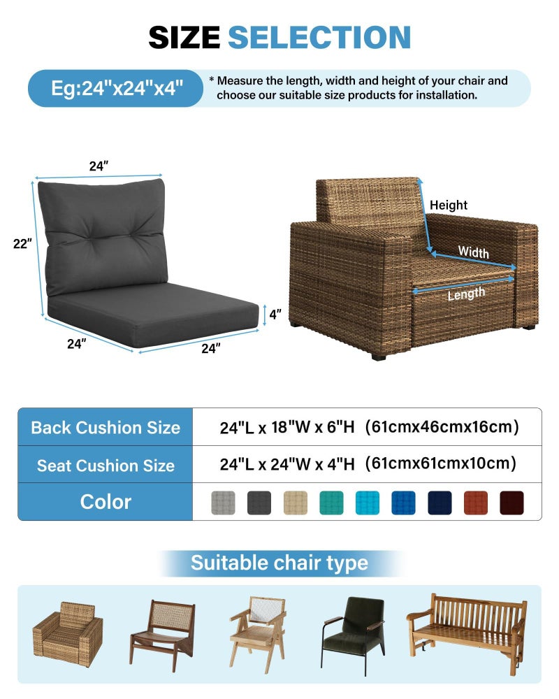 YEFU 24x24 Outdoor Cushions for Patio Furniture: Waterproof Fade Resistant Outdoor Seat Cushions Set of 2 - Olefin Deep Seat Paio Cushion Pads Replacement with Ties for Chair Sofa Couch(Dark Gray) - Image 2