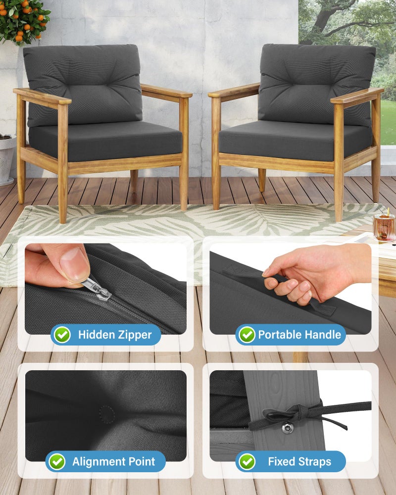 YEFU 24x24 Outdoor Cushions for Patio Furniture: Waterproof Fade Resistant Outdoor Seat Cushions Set of 2 - Olefin Deep Seat Paio Cushion Pads Replacement with Ties for Chair Sofa Couch(Dark Gray) - Image 3