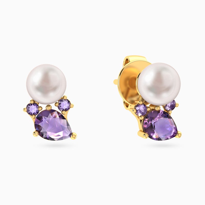 Miss L' by L'azurde Teardrop Purple Stone & Pearl Stud Earrings In 18K Gold - Image 1