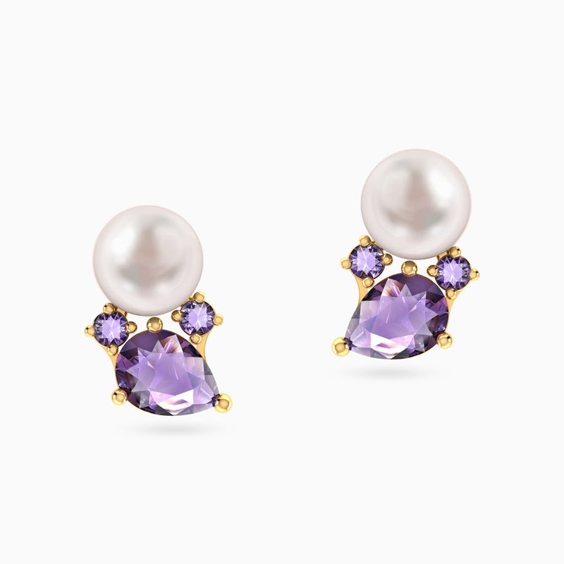 Miss L' by L'azurde Teardrop Purple Stone & Pearl Stud Earrings In 18K Gold - Image 3