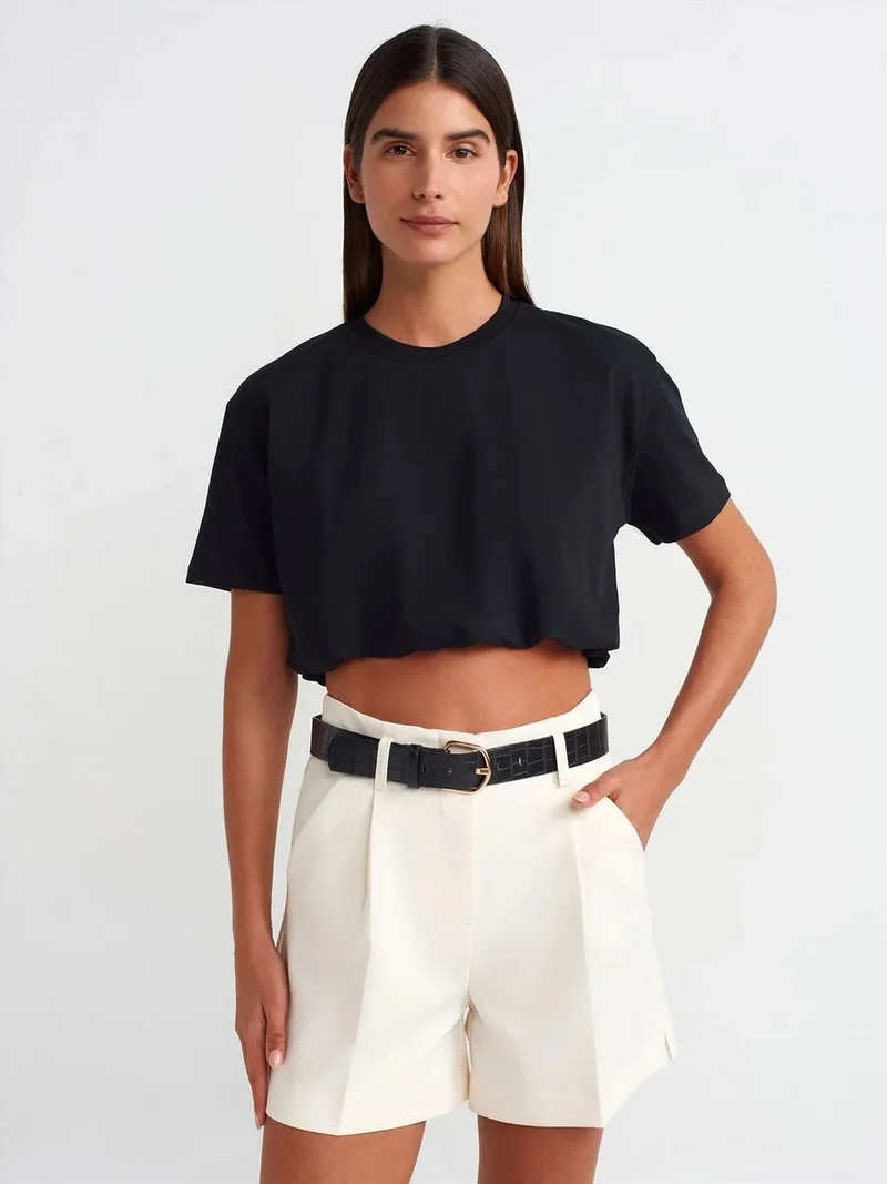 ديلفين Dilvin Women's Crop Crew Neck Cotton T-Shirt