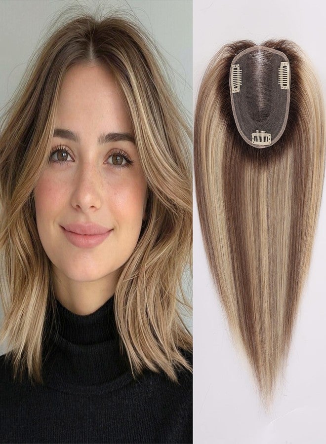 starluck Human Hair Topper for Women with Thinning Hair, 100% Real Human Hairpiece, 4.6 * 4 Inch Upgrade SilkHug Swiss Lace Base Hairpiece,14 Inch, No Bangs (Ombre Ash Blonde) - Image 1
