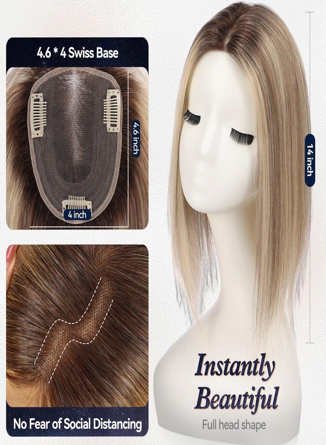 starluck Human Hair Topper for Women with Thinning Hair, 100% Real Human Hairpiece, 4.6 * 4 Inch Upgrade SilkHug Swiss Lace Base Hairpiece,14 Inch, No Bangs (Ombre Ash Blonde) - Image 2
