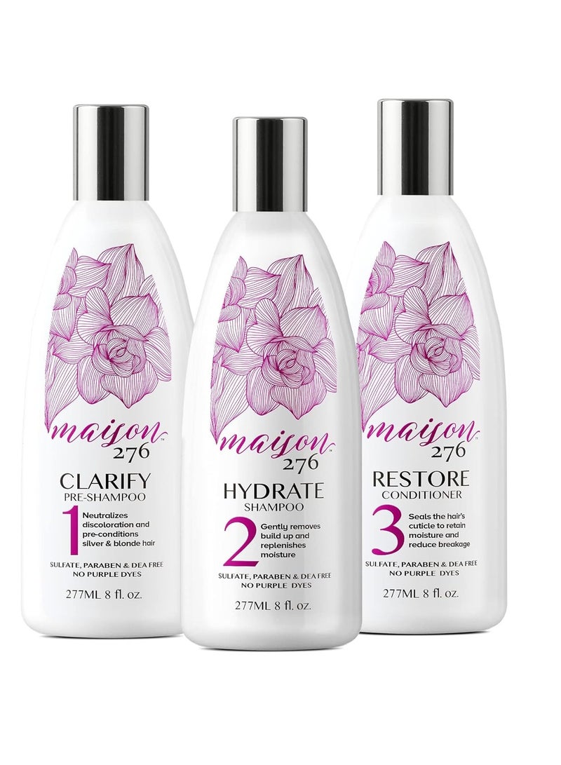 Maison 276 Pre-Shampoo, Shampoo and Conditioner for Silver, Gray & Blonde Hair, 3-Step System Tone-Correcting Shampoo, NOT a Purple Shampoo, Neutralizes Brassiness, Sulfate-Free, 3x 8oz Bottles - Image 1
