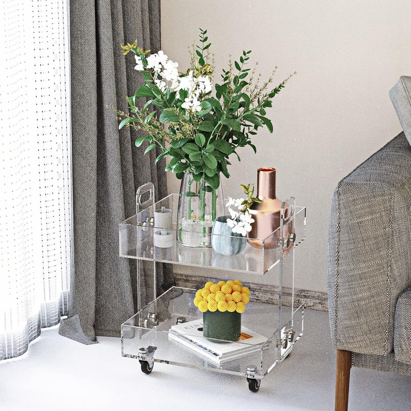 اي ار اس عربة تخزين متحركة من طبقتين من الأكريليك الشفاف من ARS® - عربة بار متنقلة بعجلات - Image 4