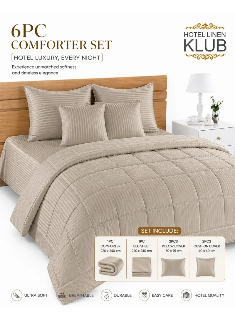 Hotel Linen Klub Hotel Linen Klub Double Comforter Set - 6 Pieces, Luxurious 100% Cotton with 250 Thread Count Sateen, Stylish Classic Stripe Pattern - Soft Microfiber Filling, Size: 220 x 240 cm, Stone