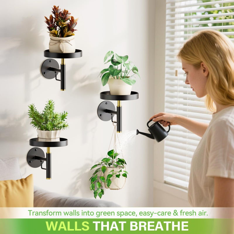 DELLAN Wall Plant Holder, 3 Pack Metal Wall Planters Stand Hanging Shelves for Indoor Plants, Window Sill Plant Decor for Bedroom, Bathroom, Living Room, Home, Office, BlackGold - Image 2