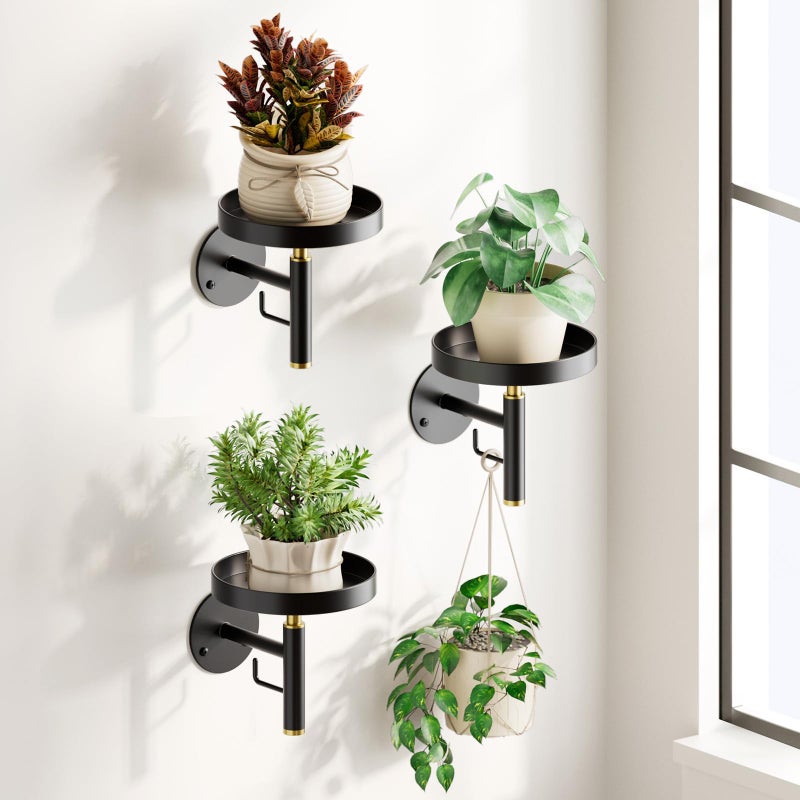 DELLAN Wall Plant Holder, 3 Pack Metal Wall Planters Stand Hanging Shelves for Indoor Plants, Window Sill Plant Decor for Bedroom, Bathroom, Living Room, Home, Office, BlackGold - Image 1