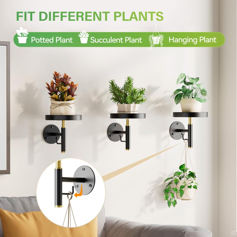 DELLAN Wall Plant Holder, 3 Pack Metal Wall Planters Stand Hanging Shelves for Indoor Plants, Window Sill Plant Decor for Bedroom, Bathroom, Living Room, Home, Office, BlackGold - Image 4