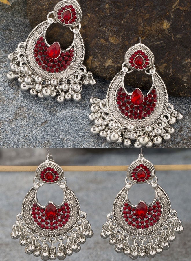 Oxidized Silver Jhumka Earrings for Ladies - Traditional Indian Ethnic Jewelry with Ruby Accents, Luxury Festive Wedding Earrings - Image 1