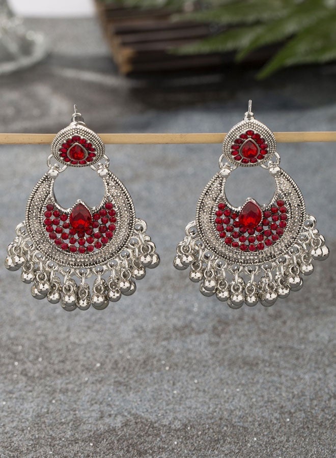 Oxidized Silver Jhumka Earrings for Ladies - Traditional Indian Ethnic Jewelry with Ruby Accents, Luxury Festive Wedding Earrings - Image 3