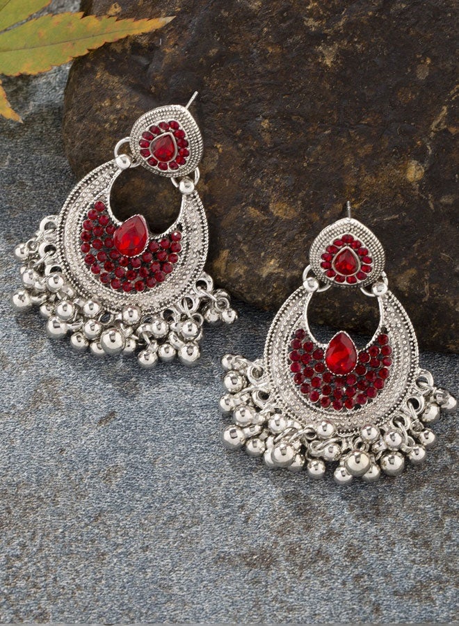 Oxidized Silver Jhumka Earrings for Ladies - Traditional Indian Ethnic Jewelry with Ruby Accents, Luxury Festive Wedding Earrings - Image 2