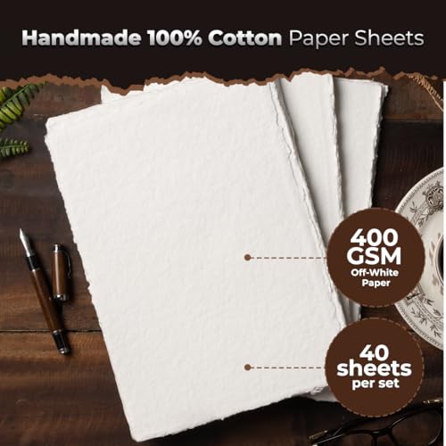 NomadCraftsCo. Egyptian Cotton Vintage Handmade 400 GSM 40 Sheets Deckled Edge Textured Drawing Sketching Paper - Image 3
