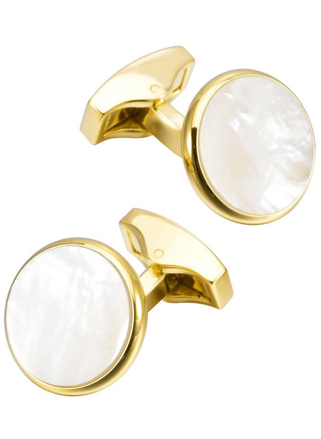 Jonwo Silver / 14K Gold Plated Natural Mother Of Pearl Cufflinks For Men Women Classic Round Men'S Cufflinks Jewelry For Wedding Party Anniversary Business Events Tuxedo Dress (Golden Cufflinks) - Image 2