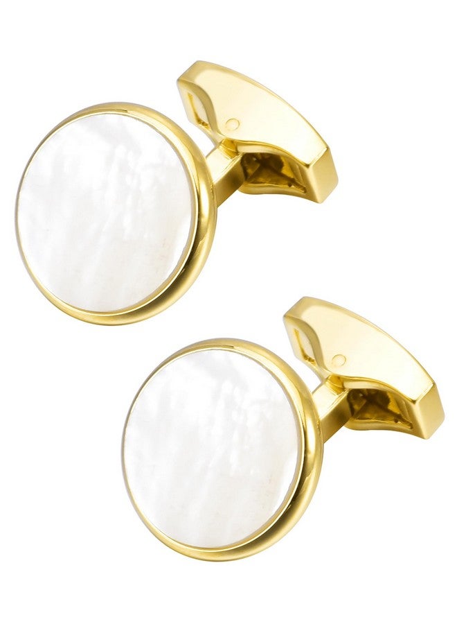 Jonwo Silver / 14K Gold Plated Natural Mother Of Pearl Cufflinks For Men Women Classic Round Men'S Cufflinks Jewelry For Wedding Party Anniversary Business Events Tuxedo Dress (Golden Cufflinks) - Image 1