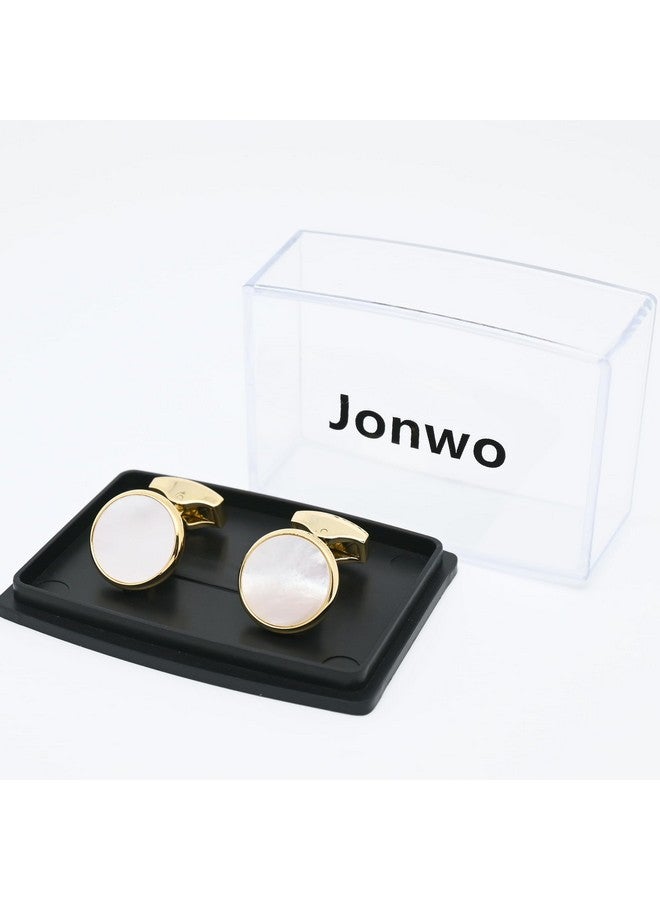 Jonwo Silver / 14K Gold Plated Natural Mother Of Pearl Cufflinks For Men Women Classic Round Men'S Cufflinks Jewelry For Wedding Party Anniversary Business Events Tuxedo Dress (Golden Cufflinks) - Image 5