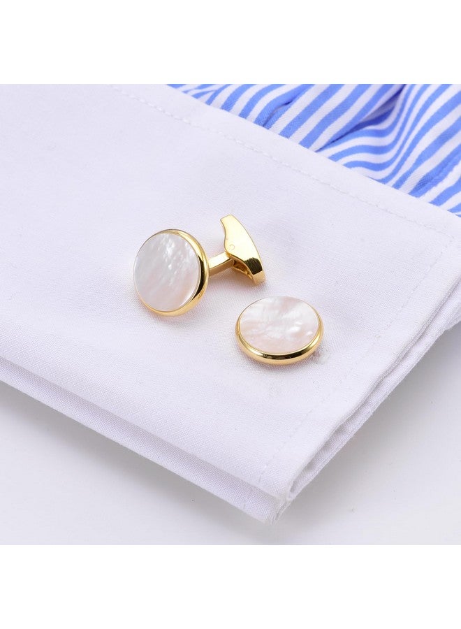 Jonwo Silver / 14K Gold Plated Natural Mother Of Pearl Cufflinks For Men Women Classic Round Men'S Cufflinks Jewelry For Wedding Party Anniversary Business Events Tuxedo Dress (Golden Cufflinks) - Image 3