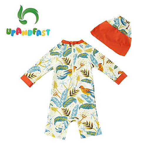 upandfast Baby/Toddler Girl One Piece Zip Sunsuits with Sun Hat UPF 50+ Sun Protection Infant Beach Swimsuit (Orange(LS), 12-18 Months) - Image 2