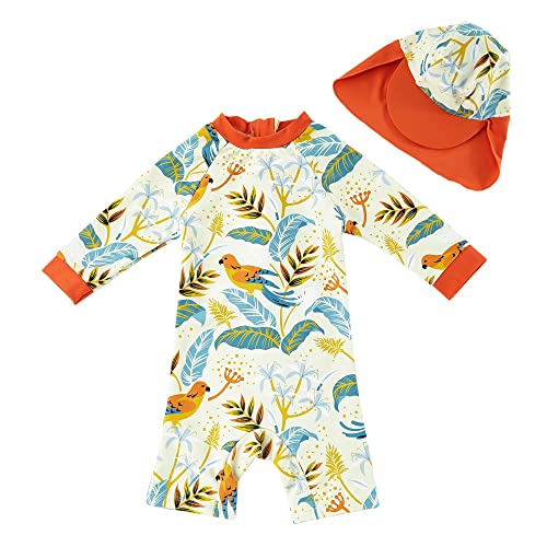 upandfast Baby/Toddler Girl One Piece Zip Sunsuits with Sun Hat UPF 50+ Sun Protection Infant Beach Swimsuit (Orange(LS), 12-18 Months) - Image 1