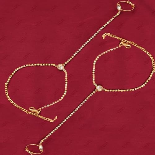 VAMA FASHIONS Gold Plated Hand Bracelet with Finger Ring Hathphool Bridal Diamond Hath Stone Panja Hand Harness for Women and Girls - Image 5