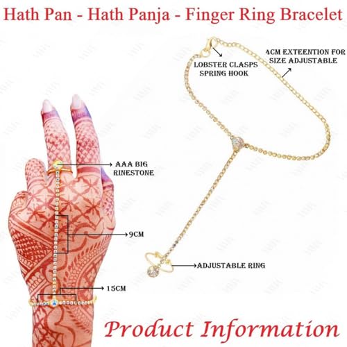 VAMA FASHIONS Gold Plated Hand Bracelet with Finger Ring Hathphool Bridal Diamond Hath Stone Panja Hand Harness for Women and Girls - Image 3