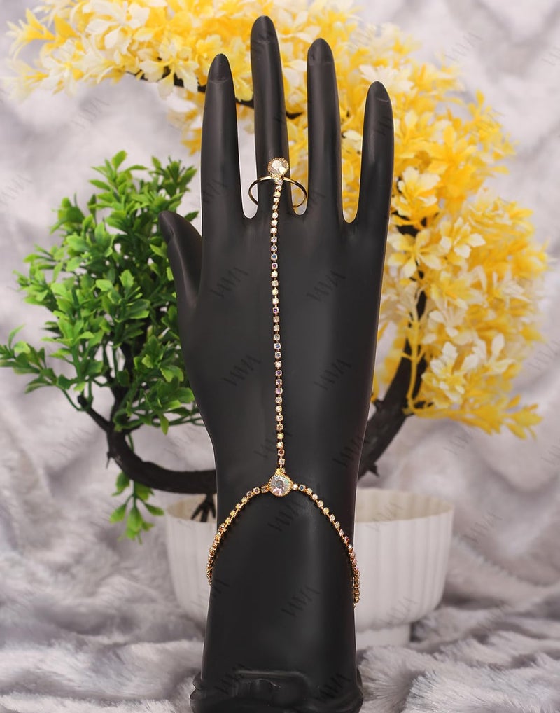 VAMA FASHIONS Gold Plated Hand Bracelet with Finger Ring Hathphool Bridal Diamond Hath Stone Panja Hand Harness for Women and Girls - Image 4