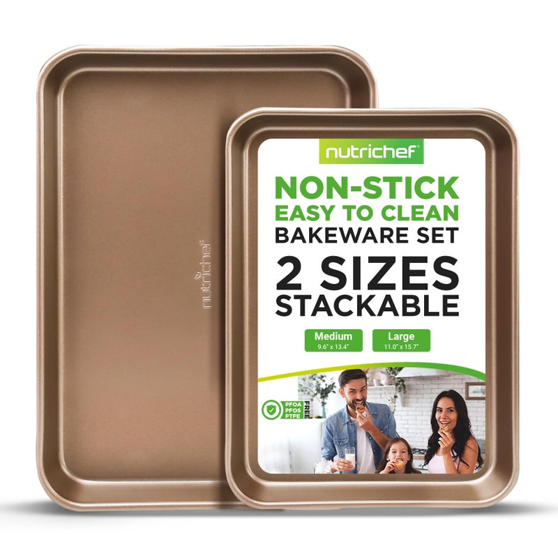 NutriChef 2Piece Nonstick Stackable Cookie Sheet  NonToxic Carbon Steel Baking Pans  Heavy Duty Wrap Resistance Thick Bakeware Set  Easy Clean and Oven  Dishwasher Safe