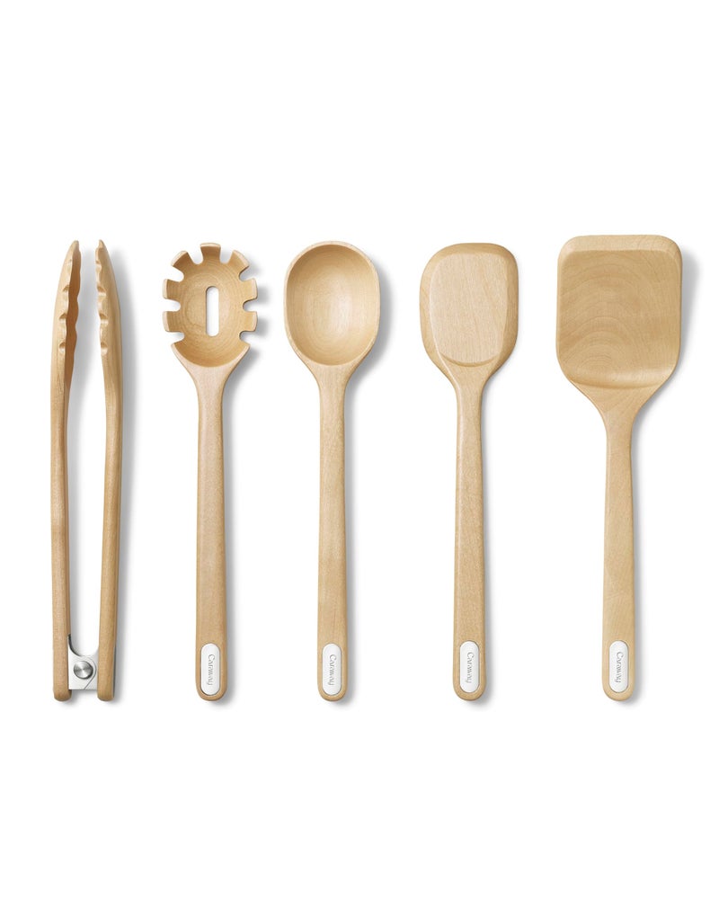 Caraway Wooden Utensil Set - 5 Piece Cooking Utensil Set - Spoon, Server, Scraper, Spatula, & Tongs - Made From FSC-Certified Birch Wood - No Microplastics - Image 1