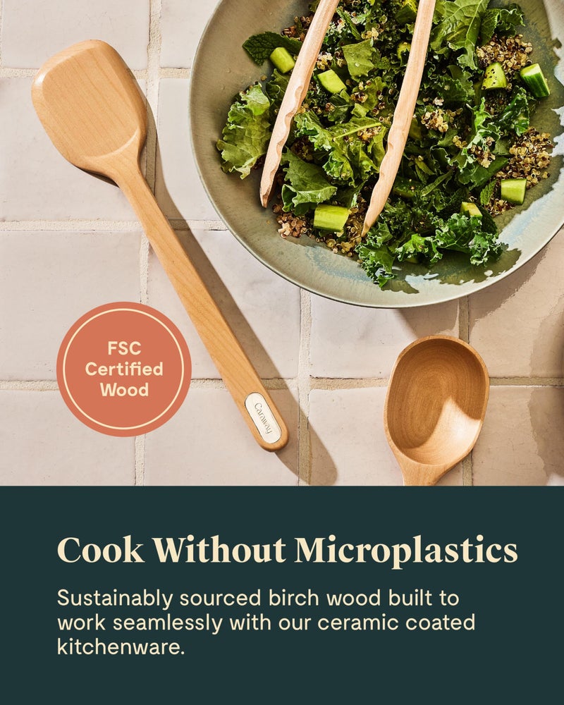 Caraway Wooden Utensil Set - 5 Piece Cooking Utensil Set - Spoon, Server, Scraper, Spatula, & Tongs - Made From FSC-Certified Birch Wood - No Microplastics - Image 4
