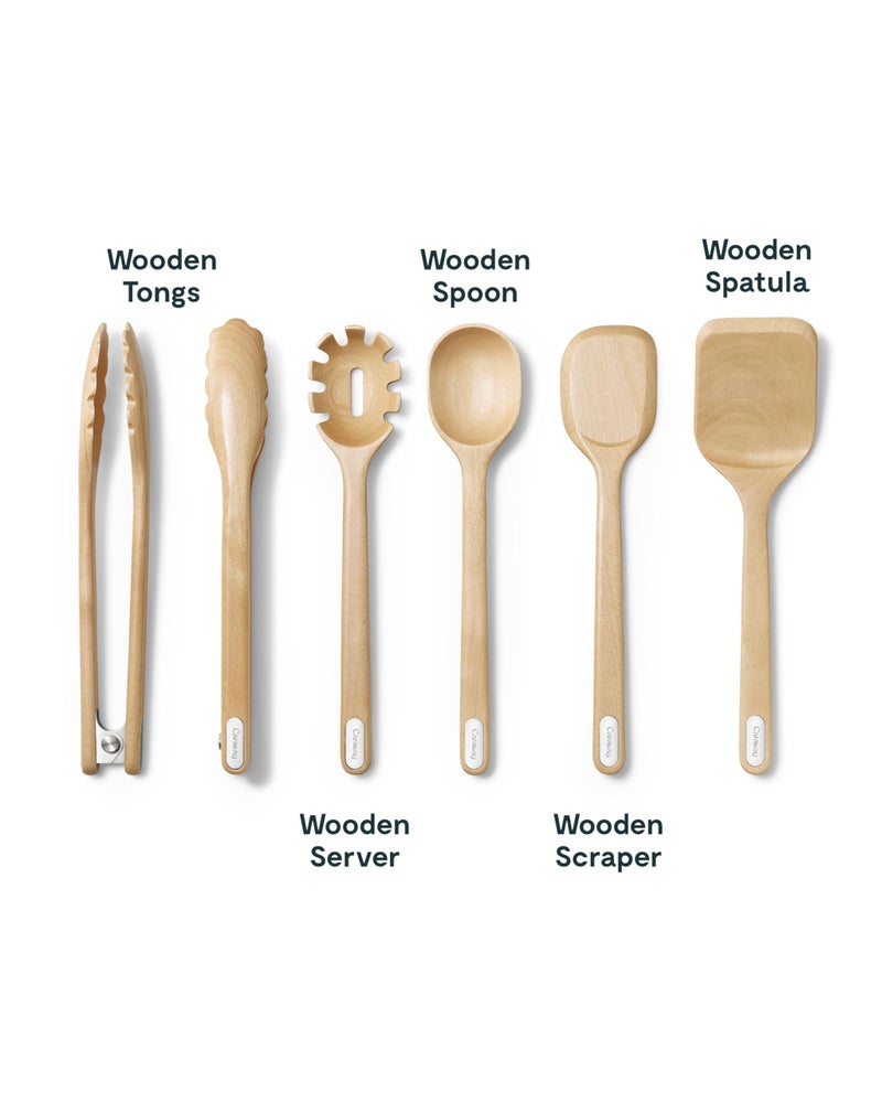 Caraway Wooden Utensil Set - 5 Piece Cooking Utensil Set - Spoon, Server, Scraper, Spatula, & Tongs - Made From FSC-Certified Birch Wood - No Microplastics - Image 3
