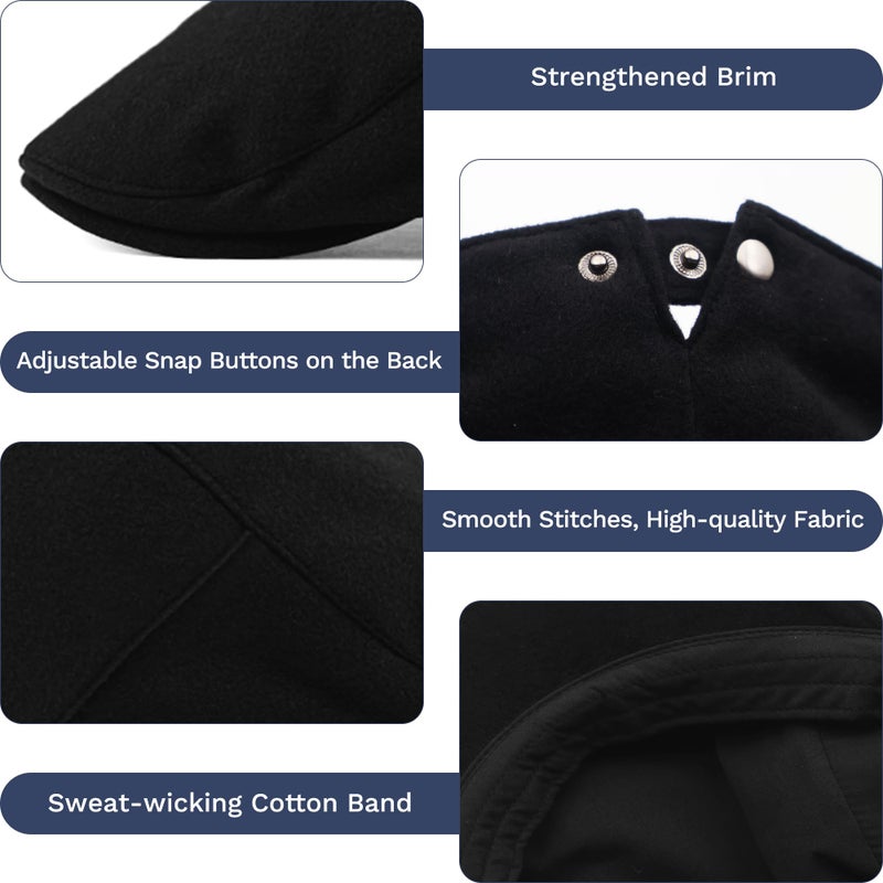 KUJUHA Newsboy Hats for Men Flat Irish Cabbie Ivy Gatsby Newsboy Driving Hat Hunting Cap Winter Hat Black - Image 4