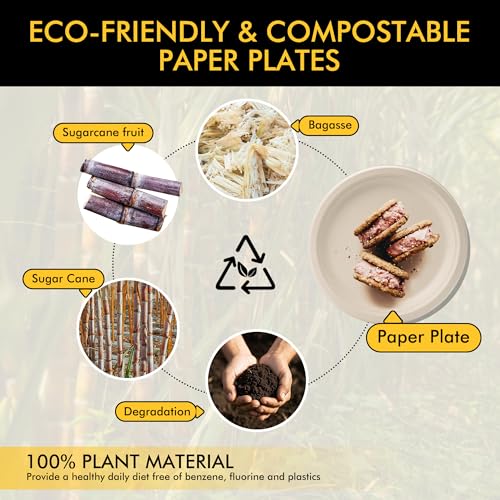 RACETOP Compostable Paper Plates 10 Inch [150 Pack], Disposable Biodegradable Heavy Duty Paper Plates, Made of Natural Sugarcane Fibers, Unbleached Brown, Round - Image 4