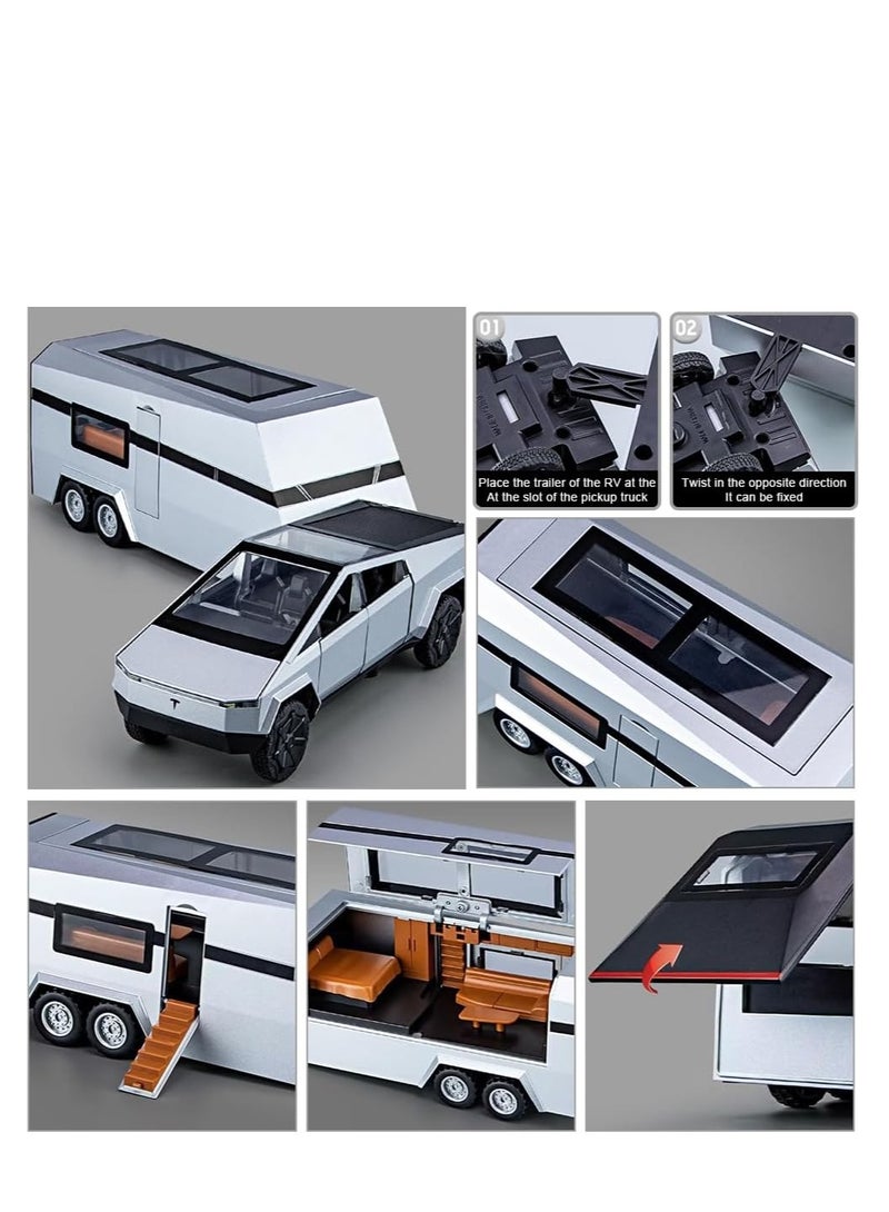 SYOSI 1/32 Pickup Trailer RV Model Kit, Off-Road Vehicle Alloy, Car Model Diecast Metal Toy, Truck Model Simulation Sound Light, Toddler Kids Birthday Gifts Home Office Décor. (with RV Silver) - Image 3