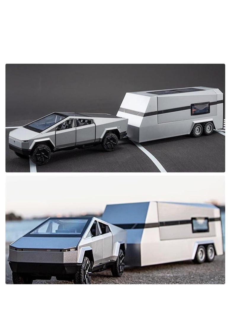 SYOSI 1/32 Pickup Trailer RV Model Kit, Off-Road Vehicle Alloy, Car Model Diecast Metal Toy, Truck Model Simulation Sound Light, Toddler Kids Birthday Gifts Home Office Décor. (with RV Silver) - Image 5