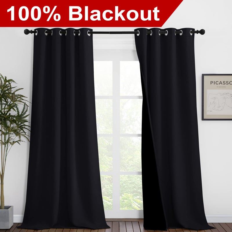 NICETOWN Extra Long Truly Blackout Drapes for Hall and Villa  46-inch Width Each Panel  96-inch Length  Black  2 Pieces  100% Blackout Window Curtain Panels with Black Lined for Night Shift Worker - Image 2