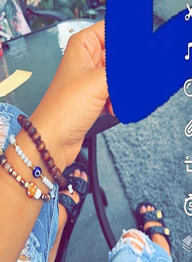 سمر لوف أساور عين الحسد الرقيقة المصنوعة يدويًا من SUMMER LOVE، تميمة خيط قابلة للتعديل للنساء والرجال (أبيض + ذهبي) - Image 3