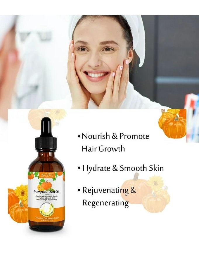 ALIVER - 60ml Pumpkin Seed Oil for Skin and Hair Growth Organic 100% Pure RAW Cold Pressed Pumpkin Seed Oil for Anti Aging Wrinkle Massage Oil Hair and Scalp Care Vitamin E Oil for Skin and Hair - Image 1