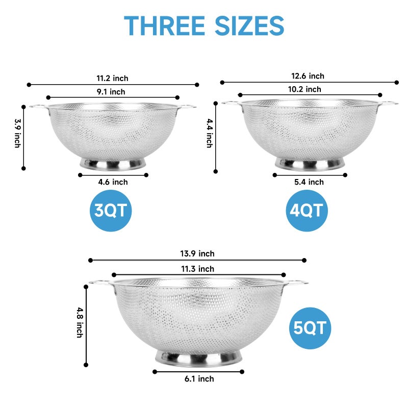 Kteniy Colander for Kitchen, 3QT, Stainless Steel Colander Strainer with Handle for Fruits Vegetables Cooking Food, Dishwasher Safe - Image 2
