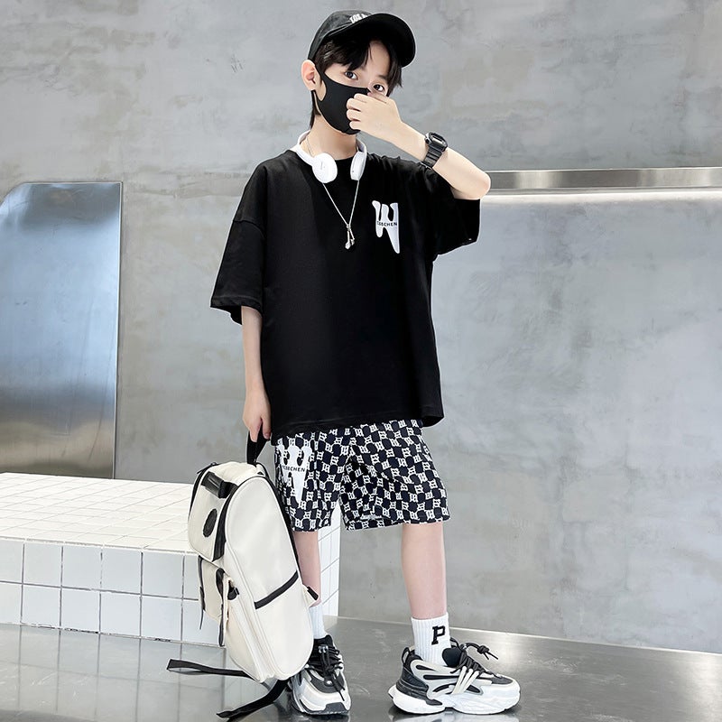 Children'S Clothing Boys Summer Suit Large Children W Letter Short Sleeve T-Shirt Shorts Two-Piece Handsome Fashion - Image 1