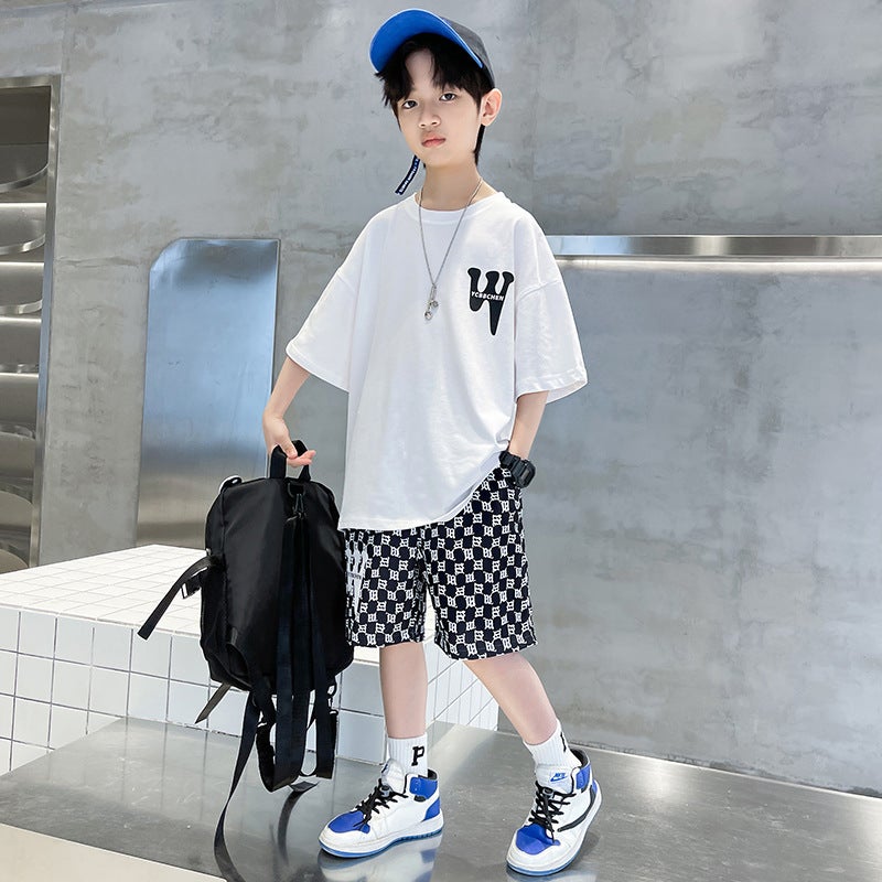 Children'S Clothing Boys Summer Suit Large Children W Letter Short Sleeve T-Shirt Shorts Two-Piece Handsome Fashion - Image 4