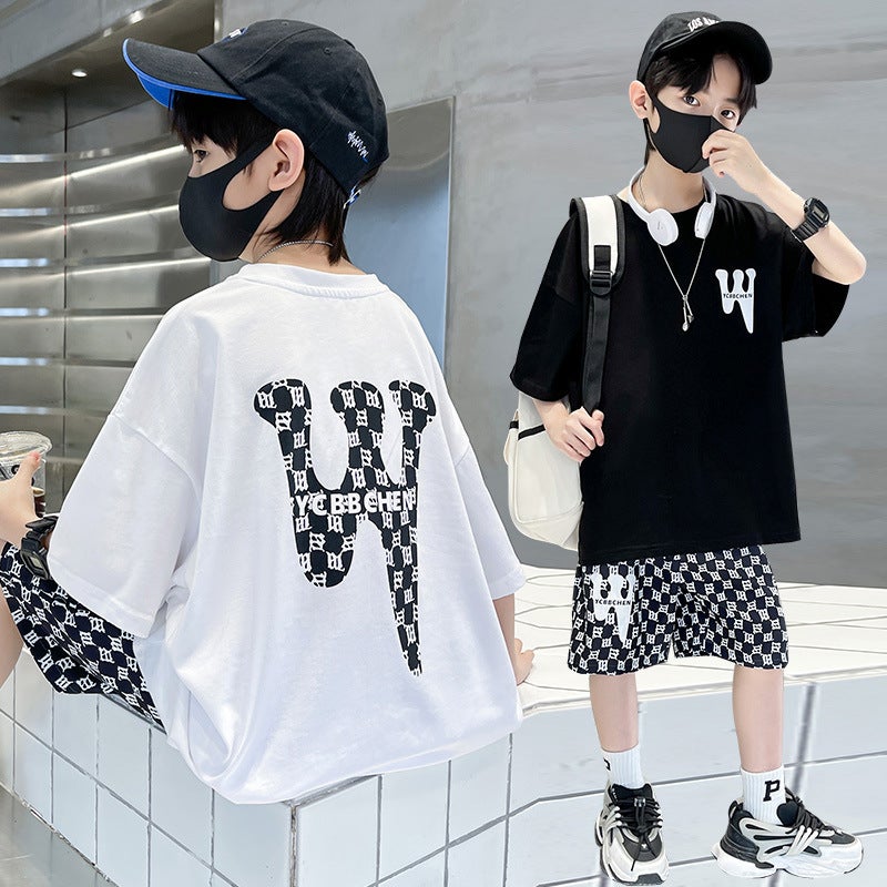 Children'S Clothing Boys Summer Suit Large Children W Letter Short Sleeve T-Shirt Shorts Two-Piece Handsome Fashion - Image 2