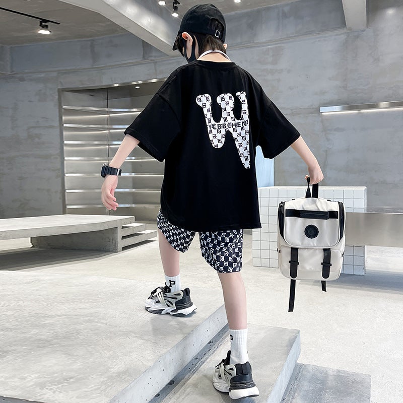 Children'S Clothing Boys Summer Suit Large Children W Letter Short Sleeve T-Shirt Shorts Two-Piece Handsome Fashion - Image 3